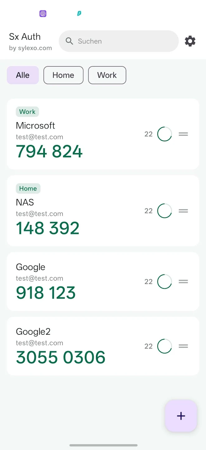 Screenshot der App Sx Authenticator mit Codeliste