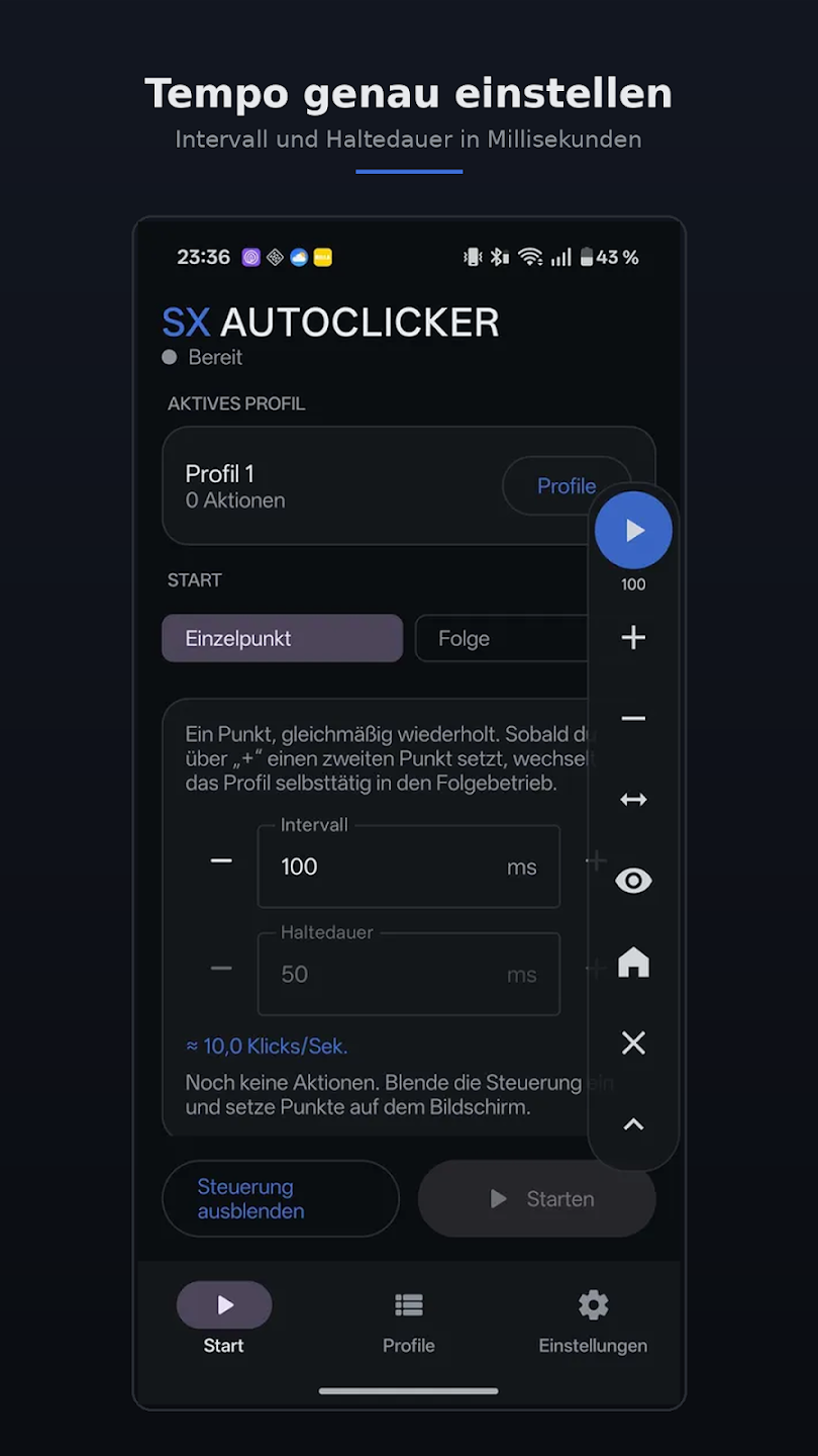 Screenshot der App Sx Autoclicker mit Intervall-Einstellung