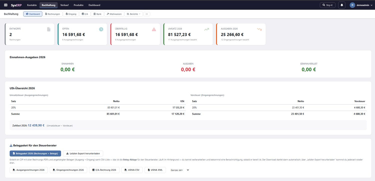 Buchhaltungs-Dashboard mit USt-Übersicht (Screenshot mit Demodaten)