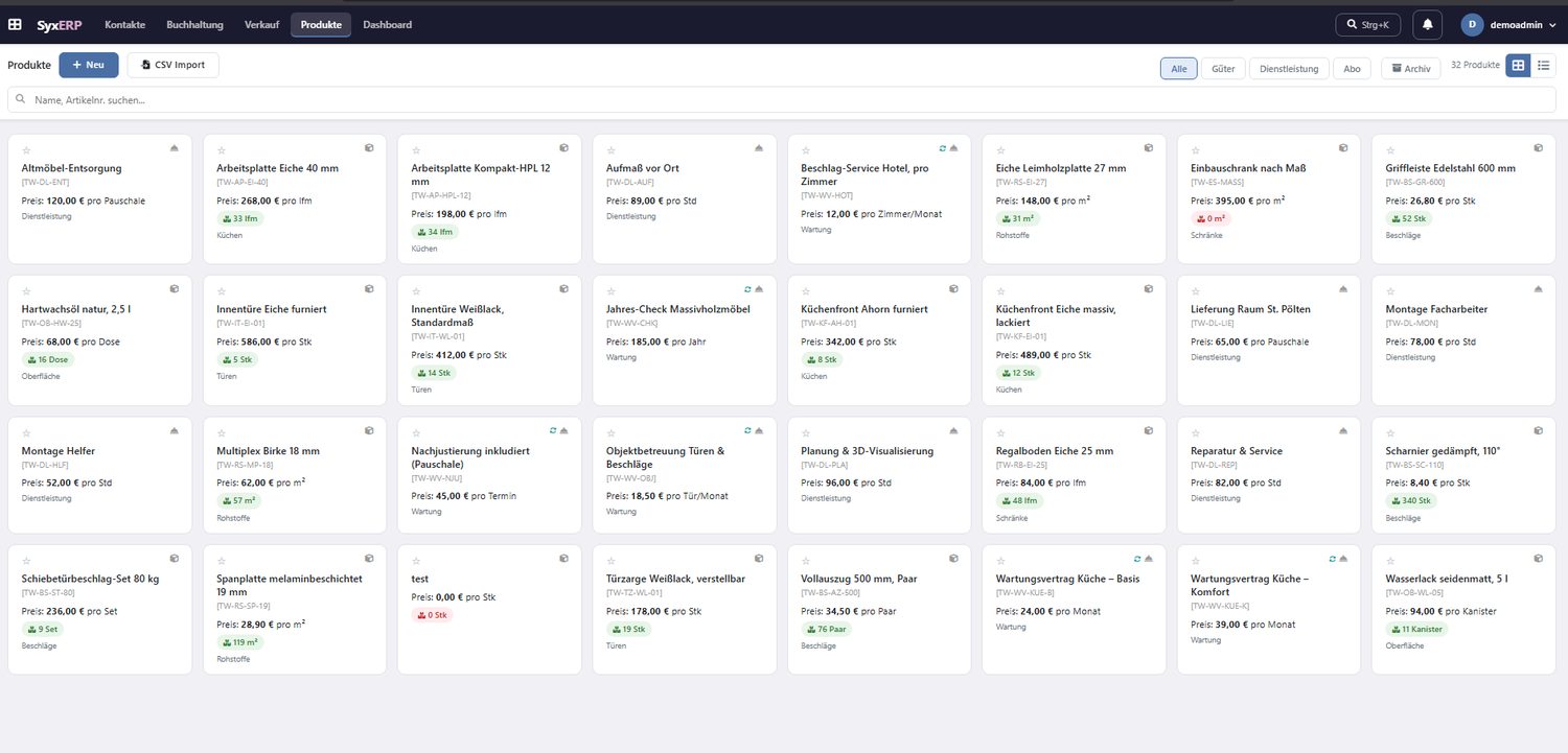 Produktkatalog mit Küchenfronten, Türen und Beschlägen in SyxERP (Screenshot mit Demodaten)